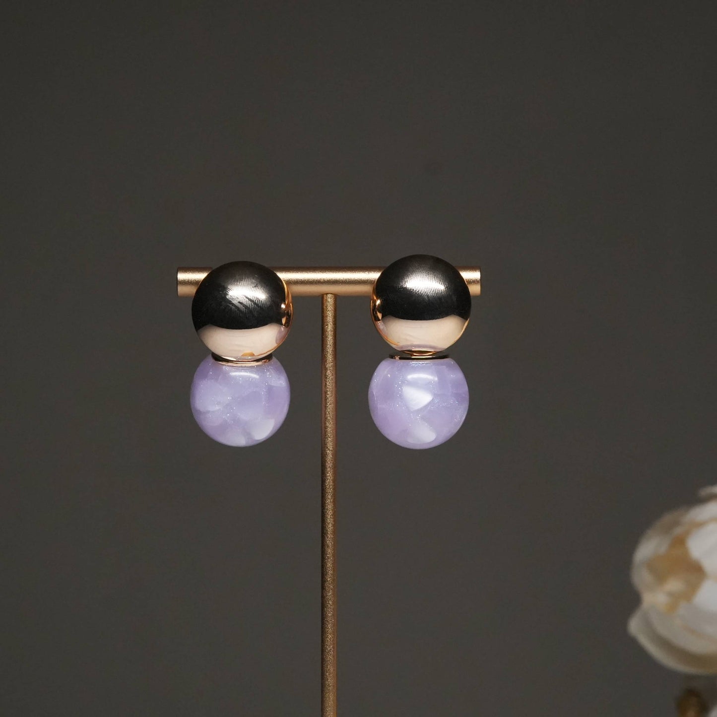 Dual Tone Metallic Stud Earrings with Lavender Stone Drop