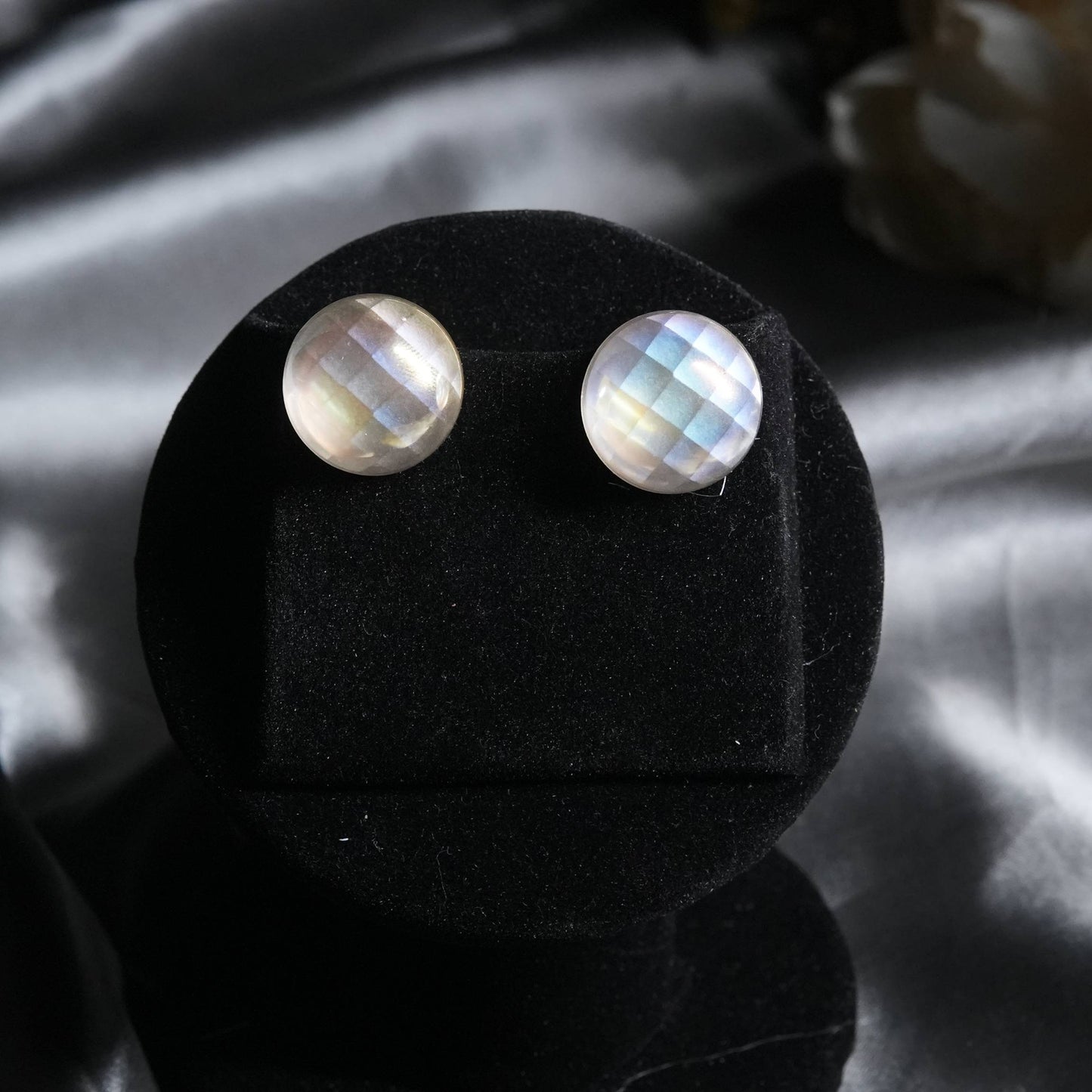 Moonstone Stud Earrings with Polished Silver Frame