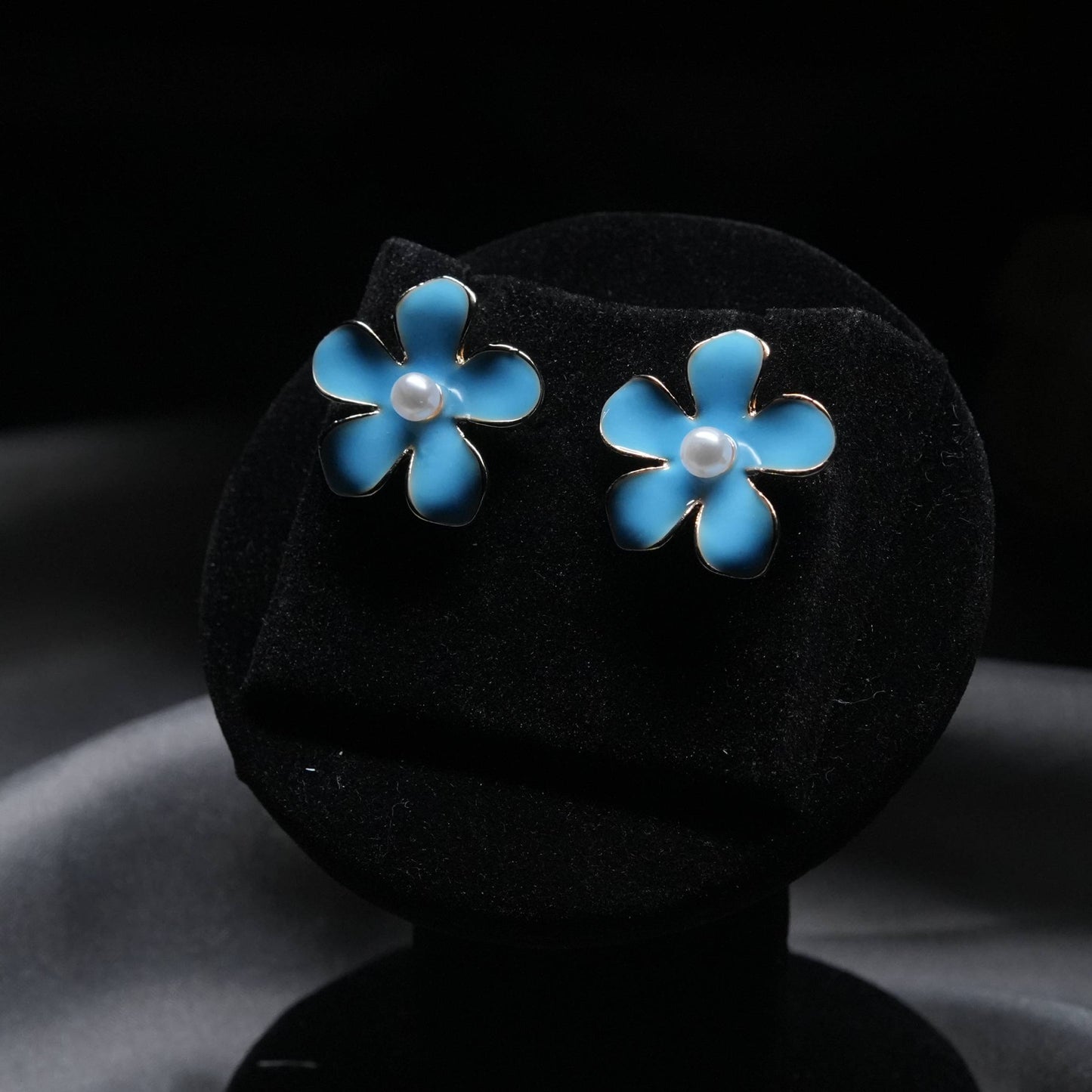 Sky Blue Floral Enamel Stud Earrings with Pearl Center