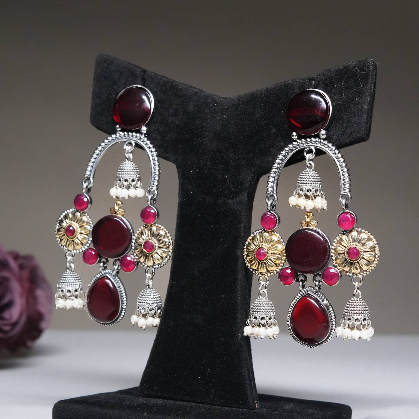 Antique Red & Gold Temple Jhumka Earrings with Ruby Beads