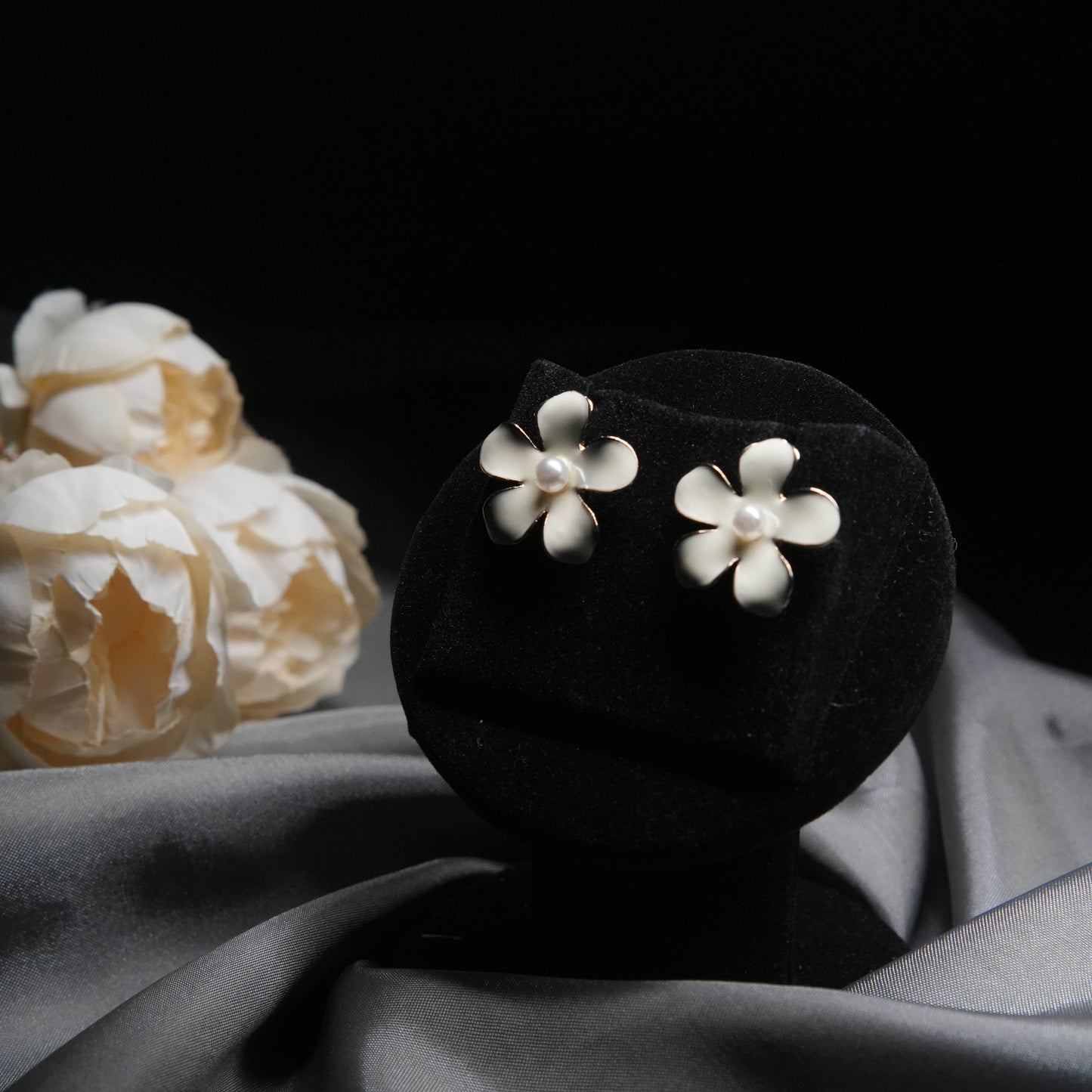 White Enamel Floral Stud Earrings with Pearl Center
