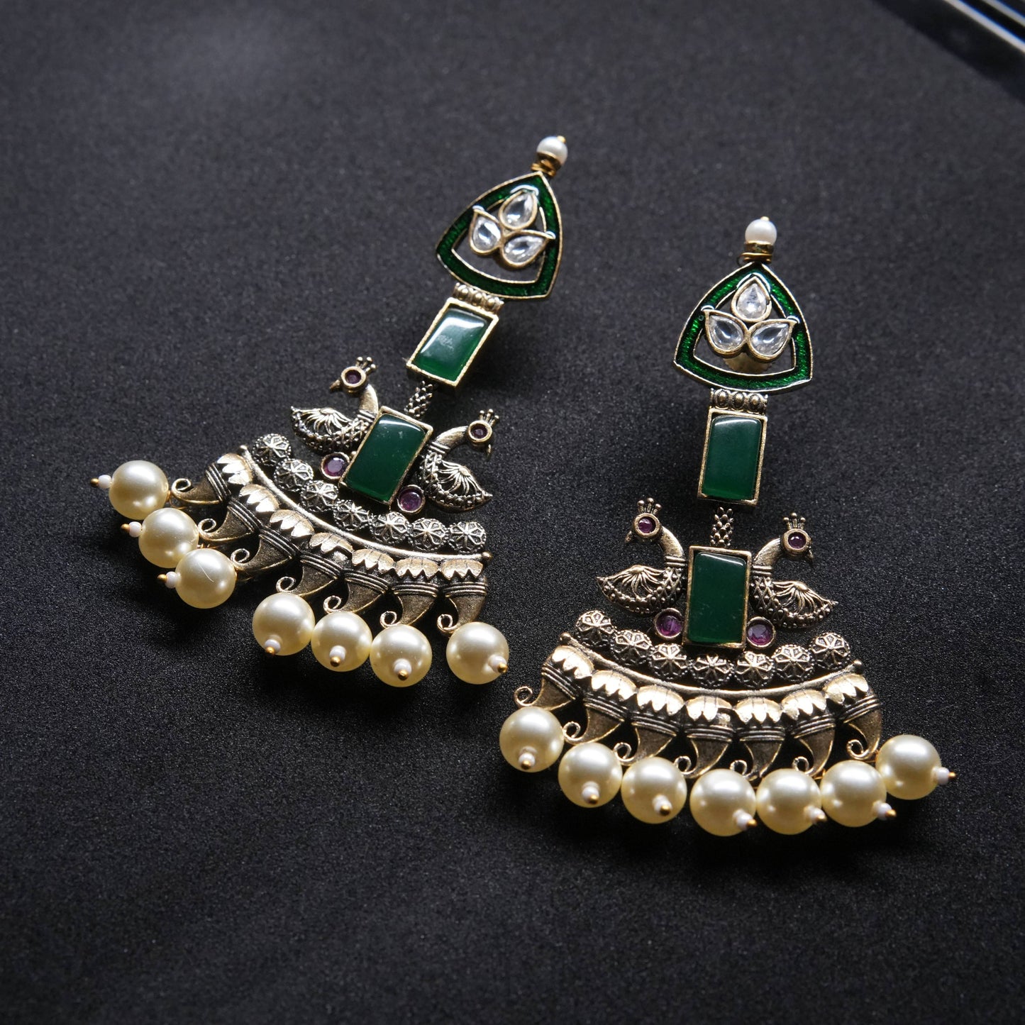 Green Enamel Peacock Jhumka Earrings with Kundan and Pearls