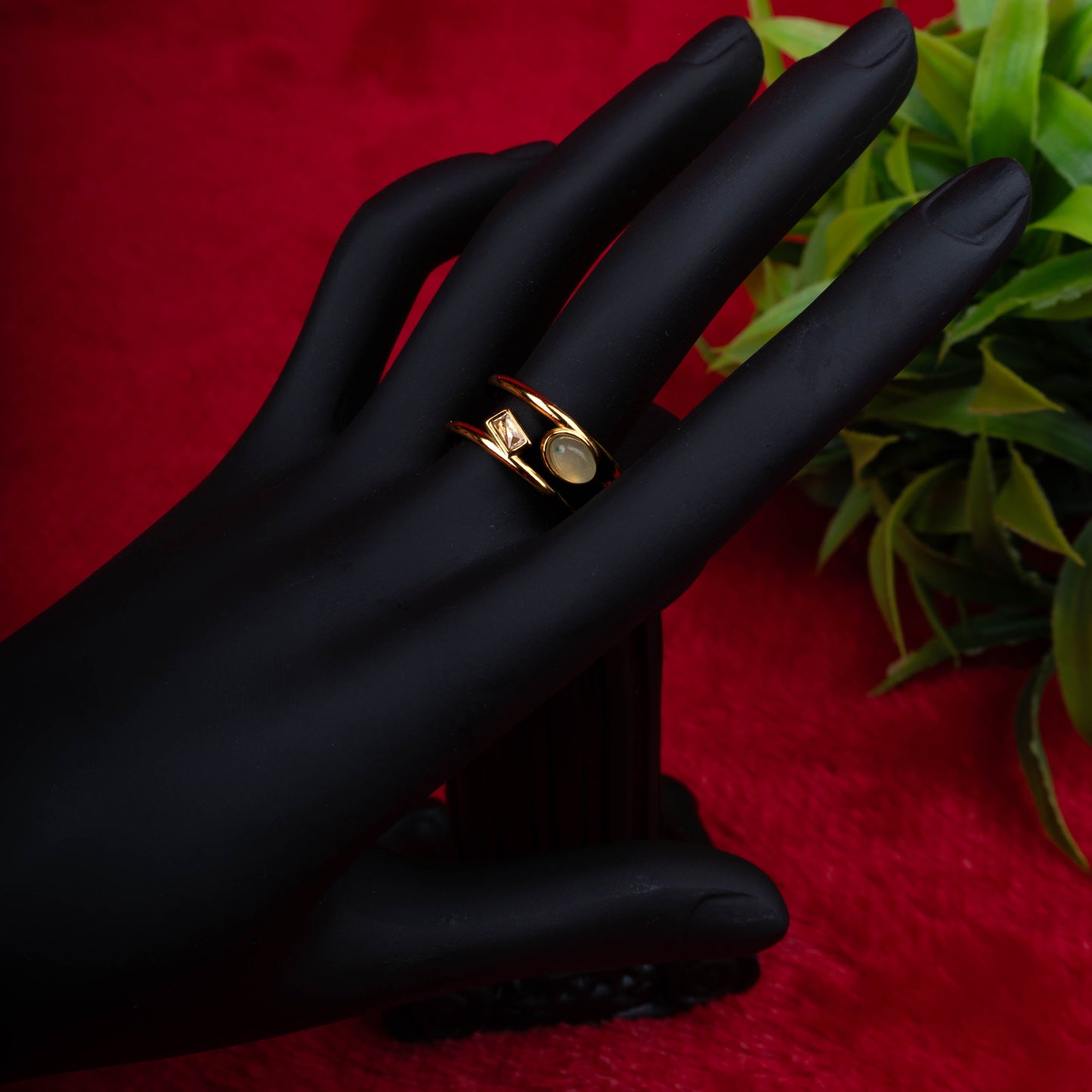 Adjustable gold-tone dual band ring with geometric accents seond view - Revaaj