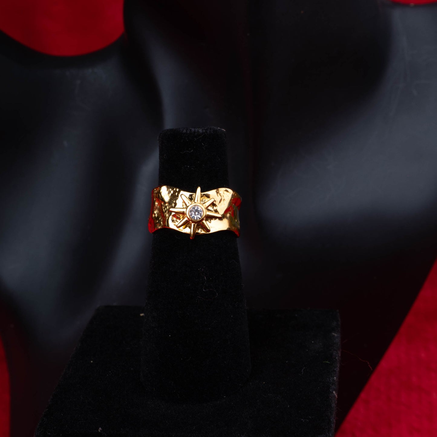 North Star textured band ring with hammered finish and sparkling centerpiece fourth view - Revaaj