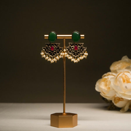 Regal Ruby-Green Fan Earrings with Pearls