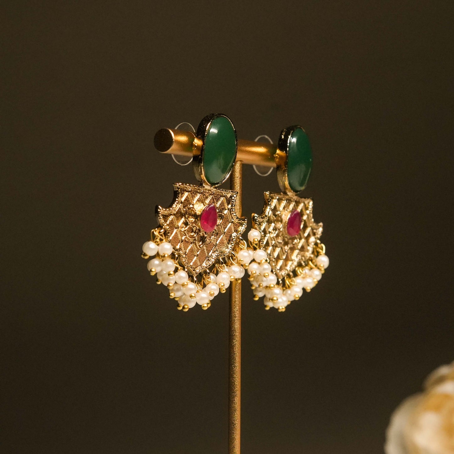 Regal Ruby-Green Fan Earrings with Pearls