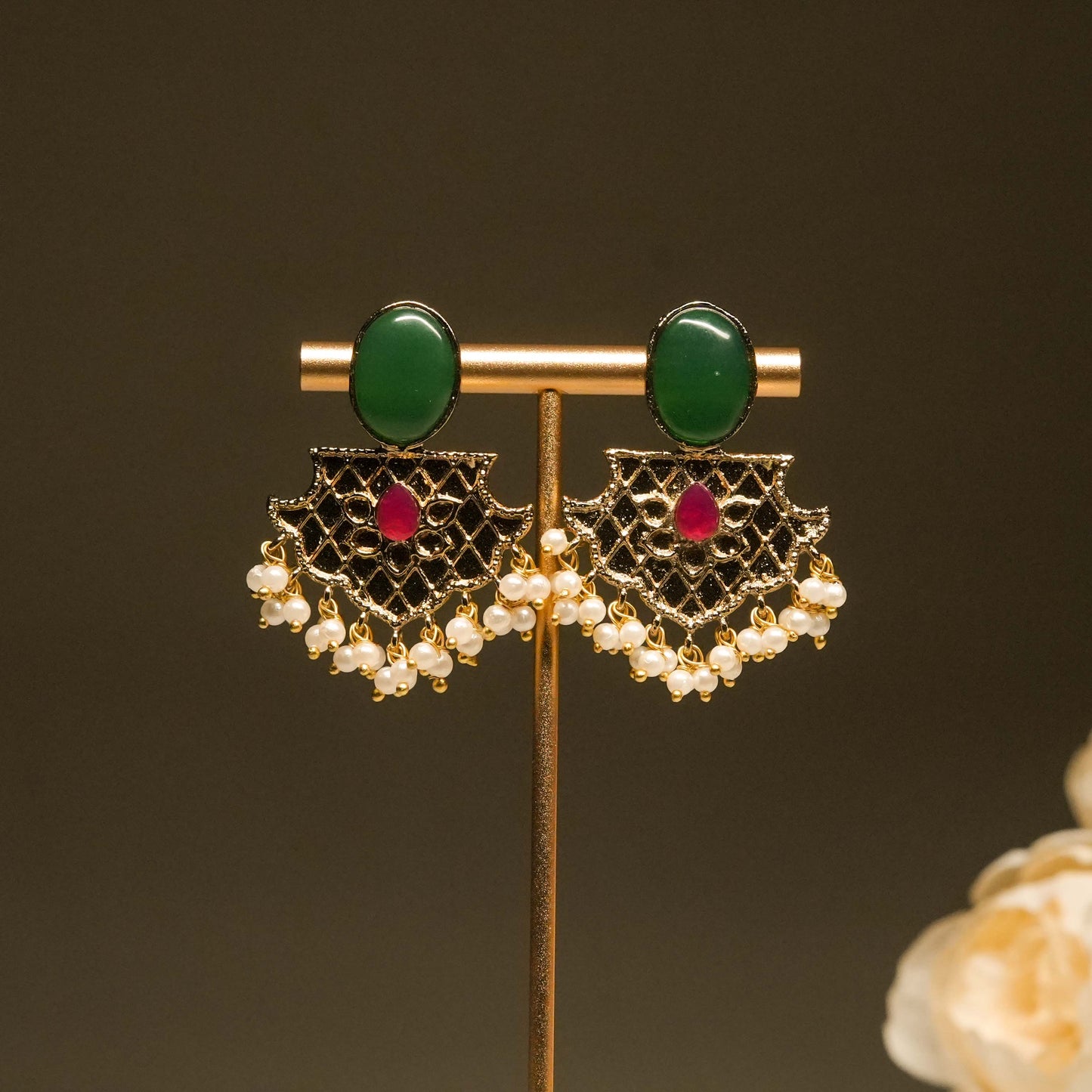 Regal Ruby-Green Fan Earrings with Pearls