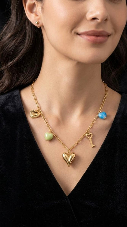 Heart & Key Gold Plated Charm Necklace | Revaaj