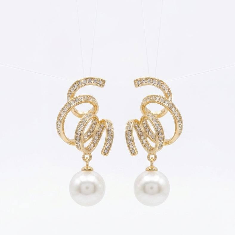 Revaaj Gold-Tone Swirl Zircon & Pearl Dangler Earrings