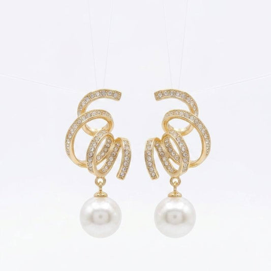 Revaaj Gold-Tone Swirl Zircon & Pearl Dangler Earrings
