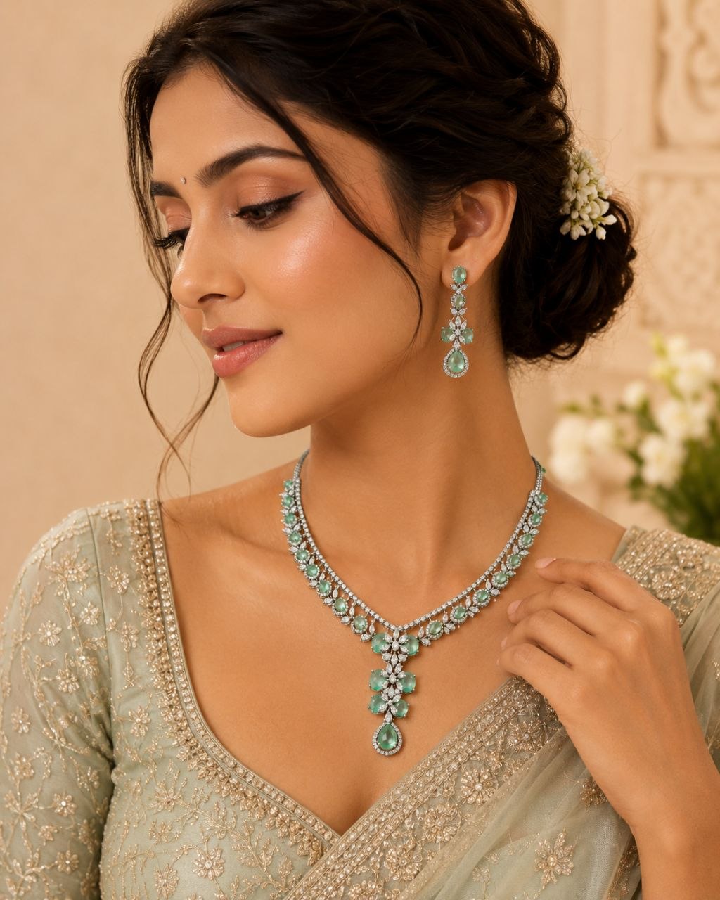 Mint green floral gemstone necklace with matching drop earrings set featuring clear stones on beige display bust 2