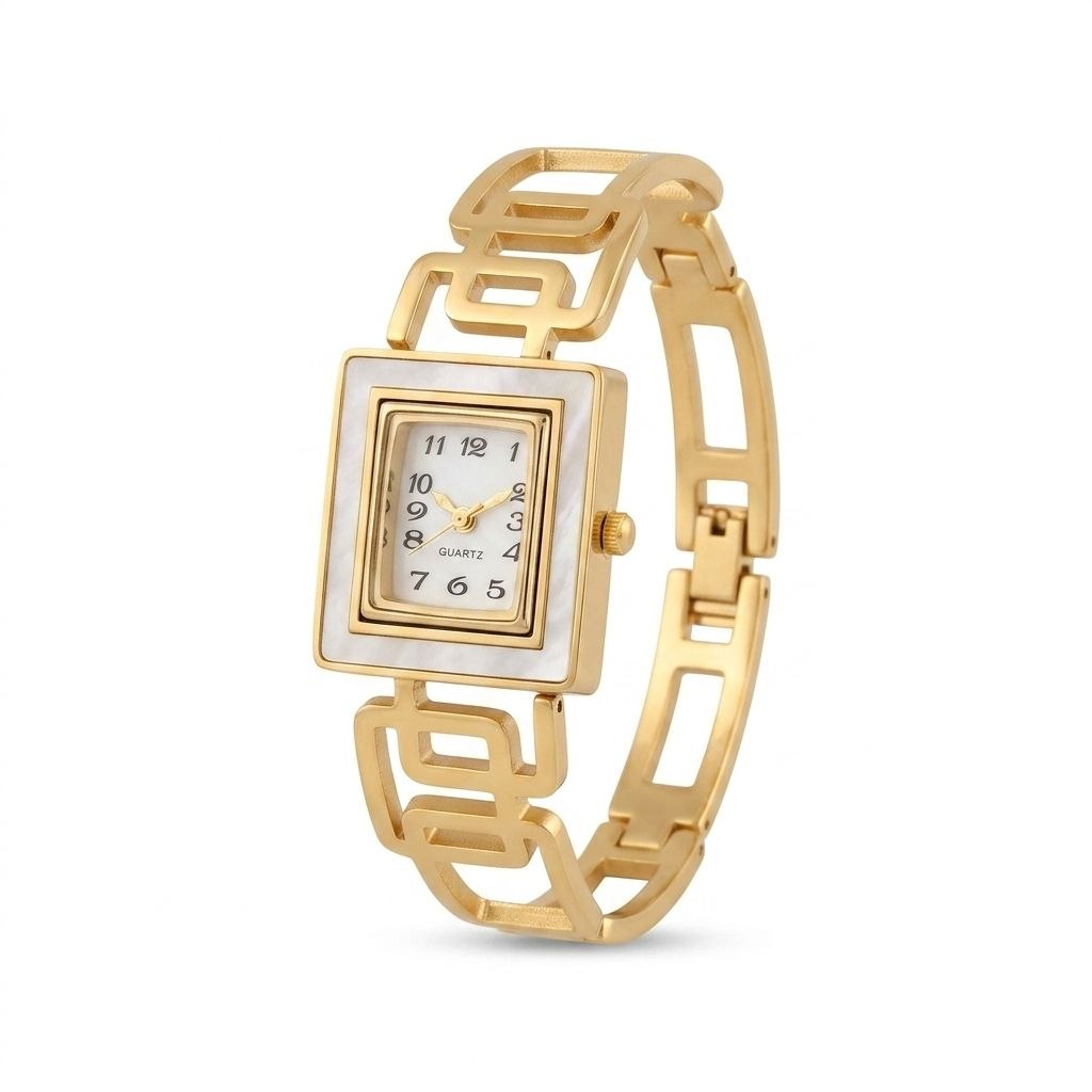 Gold square face women's watch with white mother of pearl dial and geometric link bracelet displayed on white background 1