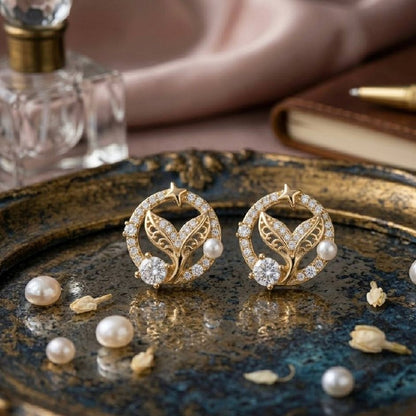 Mermaid Tail CZ Pearl Stud Earrings | Revaaj