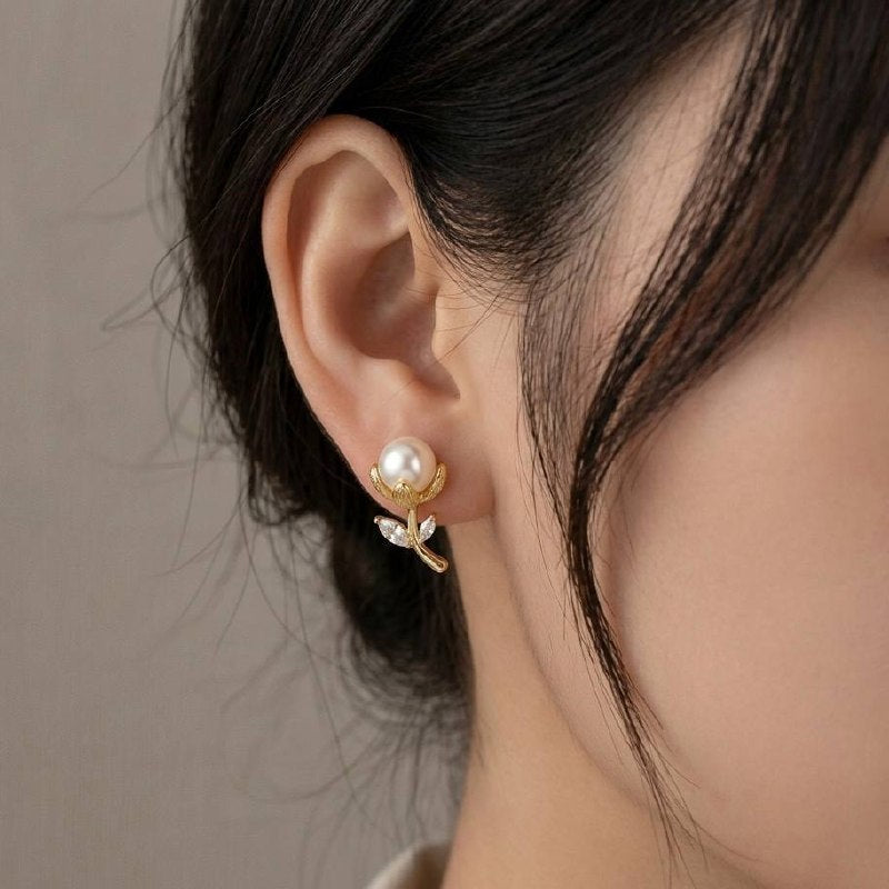 Revaaj Golden Petal Pearl & Zirconia Stud Earrings