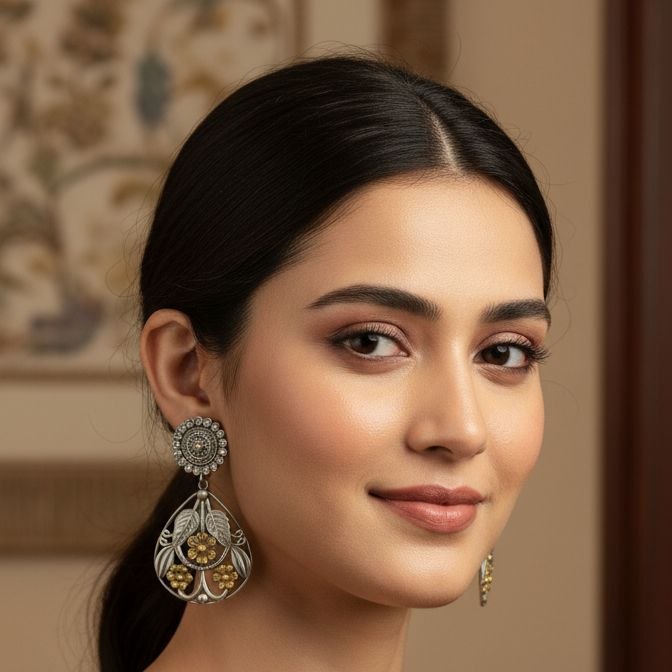 Vintage two-tone silver and gold floral teardrop earrings with leaf motifs and stud post back 2