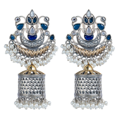 Antique Blue Stone Dome Jhumka Earrings by Revaaj