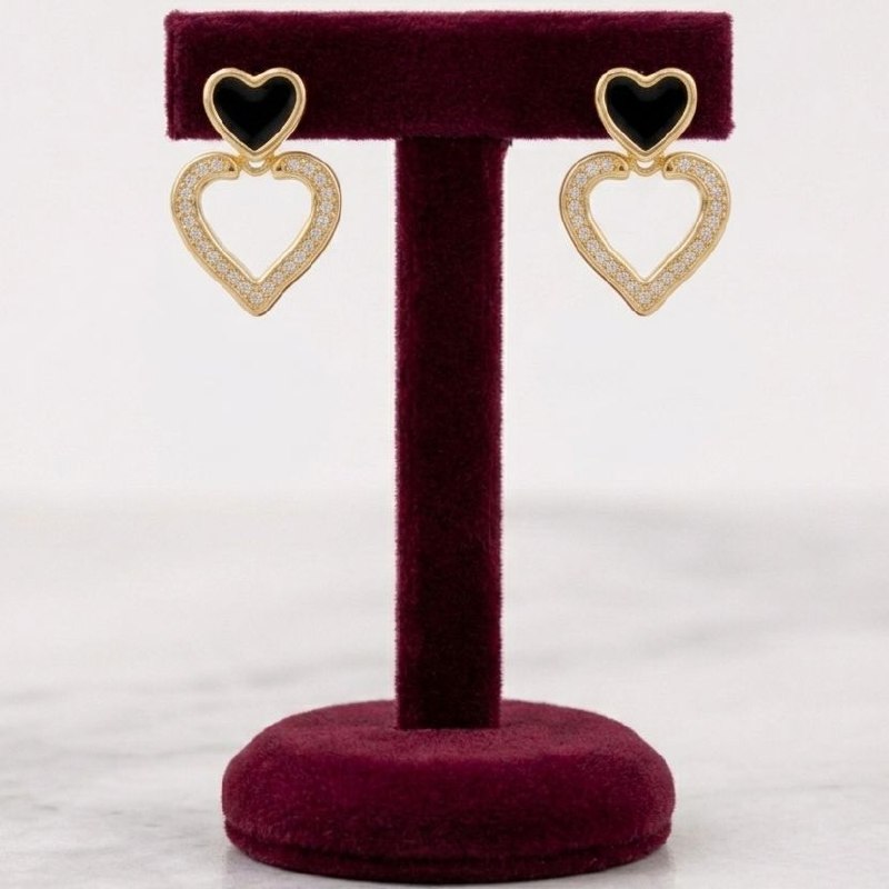 Black Enamel Dual Heart Drop Earrings | Revaaj