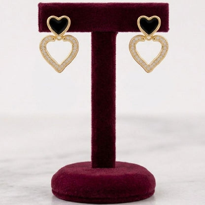Black Enamel Dual Heart Drop Earrings | Revaaj