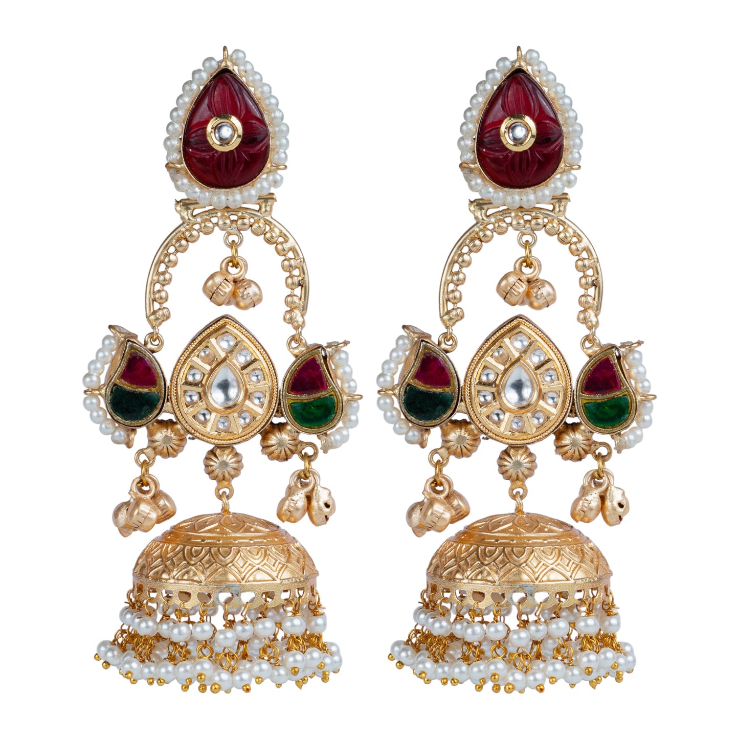 Red & Green Kundan Jhumka Earrings by Revaaj