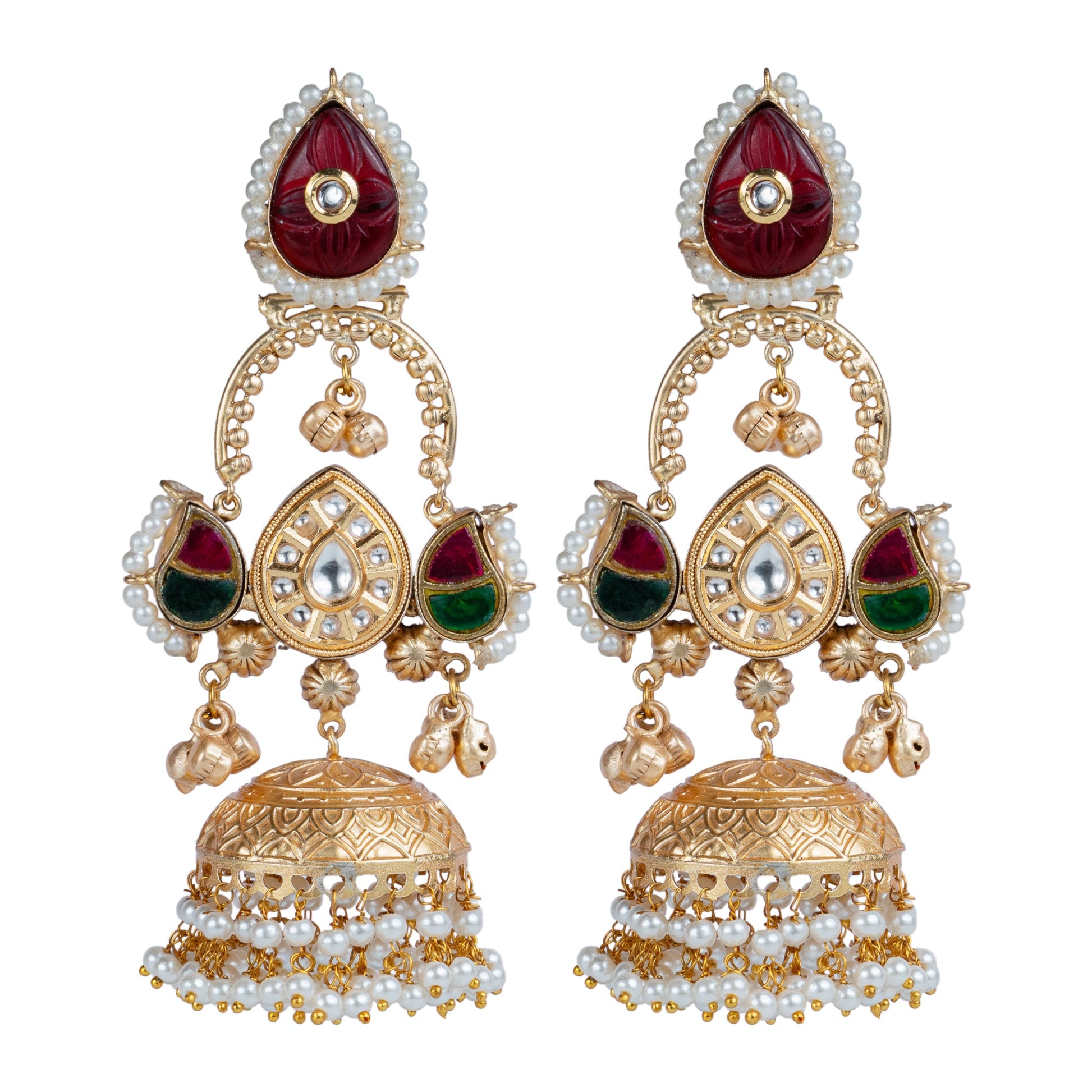 Red & Green Kundan Jhumka Earrings by Revaaj