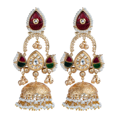 Red & Green Kundan Jhumka Earrings by Revaaj