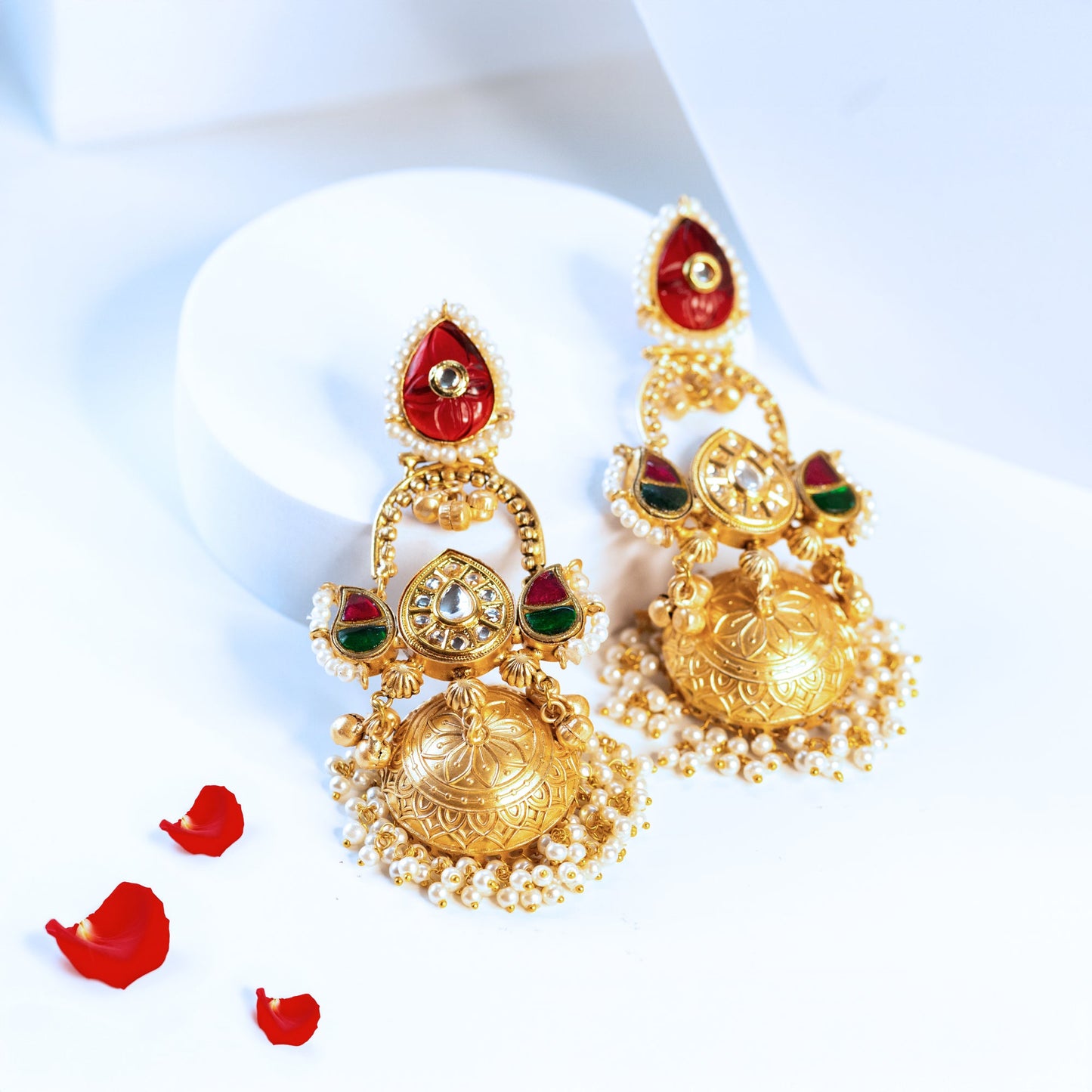 Red & Green Kundan Jhumka Earrings