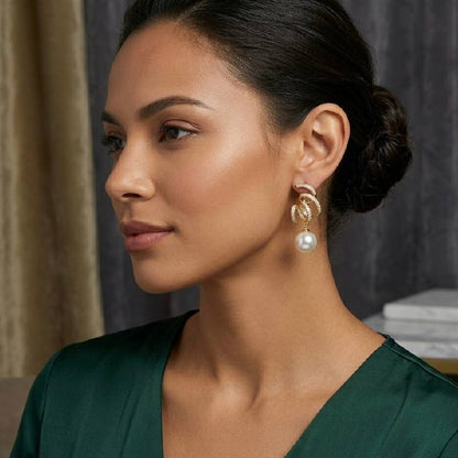 Revaaj Gold-Tone Swirl Zircon & Pearl Dangler Earrings