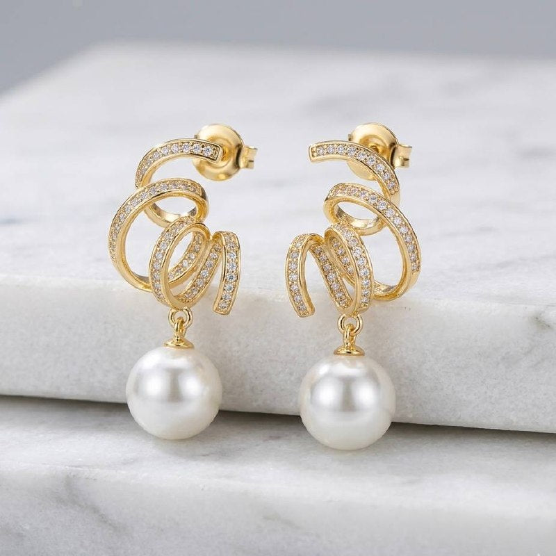 Revaaj Gold-Tone Swirl Zircon & Pearl Dangler Earrings