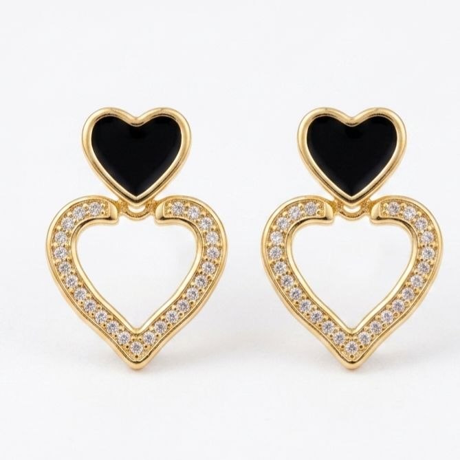 Black Enamel Dual Heart Drop Earrings | Revaaj