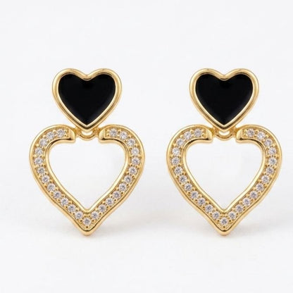 Black Enamel Dual Heart Drop Earrings | Revaaj