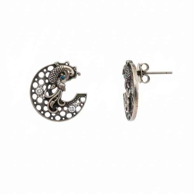 Oxidized silver crescent moon stud earrings with detailed koi fish design, blue and clear gemstones, vintage Indian jewelry style 1