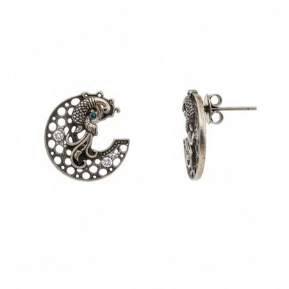 Oxidized silver crescent moon stud earrings with detailed koi fish design, blue and clear gemstones, vintage Indian jewelry style 1