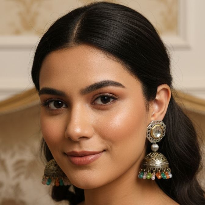 Pair of silver and gold toned octagonal mirror jhumka earrings with engraved bell drops and dangling multicolored beads 2