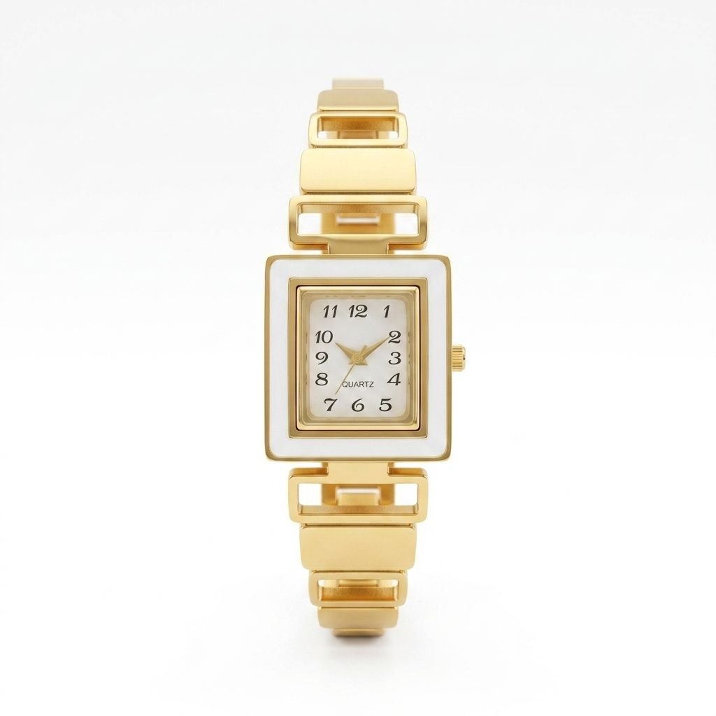 Premium gold square face women's watch with white dial, gold hands, and geometric gold metal link band on white background 1