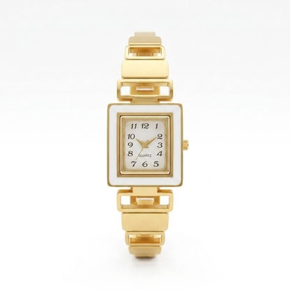 Premium gold square face women's watch with white dial, gold hands, and geometric gold metal link band on white background 1
