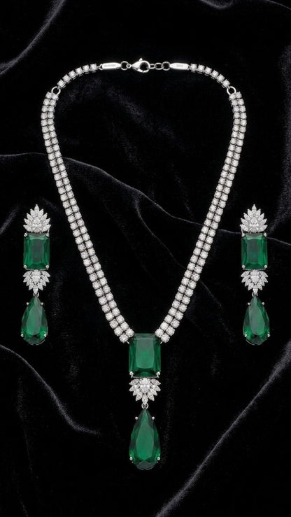 Premium emerald green rectangular and teardrop diamond necklace with matching drop earrings set in silver 3