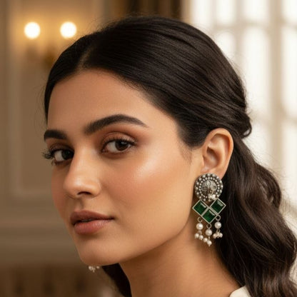 Traditional Indian oxidized silver earrings featuring square green gemstones and dangling white pearl drops 2