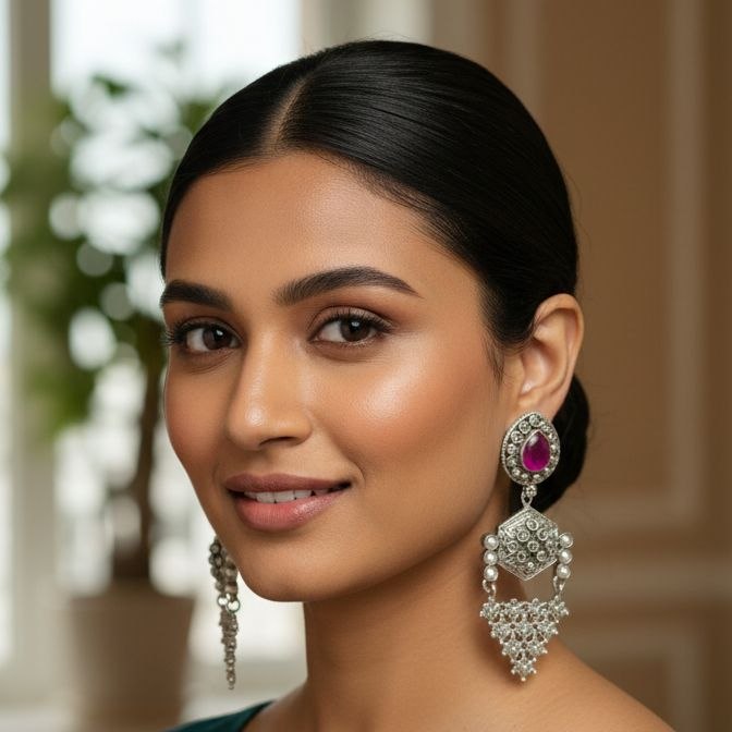 Pair of traditional Indian oxidized silver drop earrings with red teardrop gemstones, hexagonal middle motifs and intricate filigree triangular danglers on white background 2
