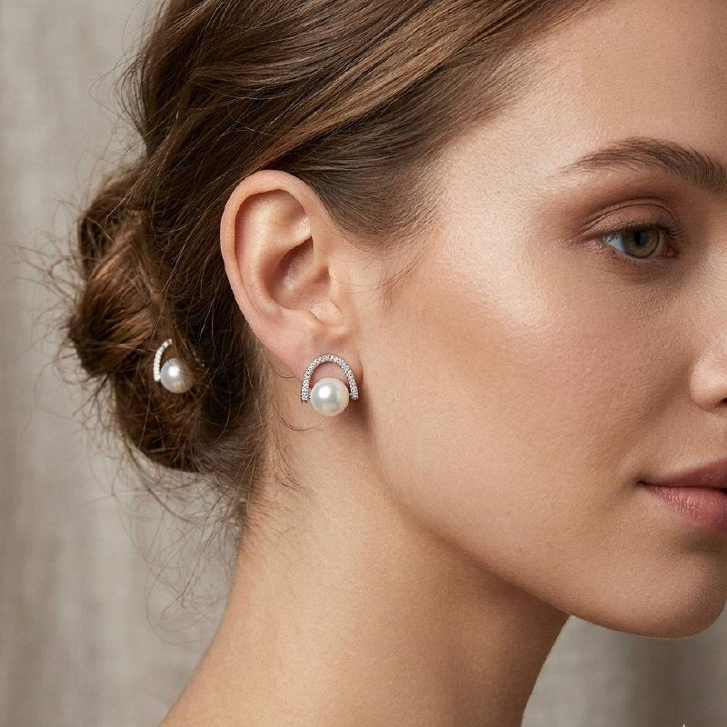 Pearl Zircon Arch Stud Earrings | Revaaj