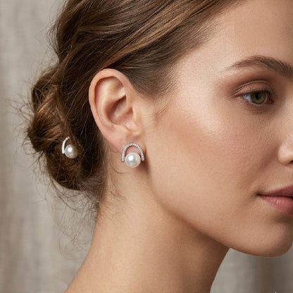 Pearl Zircon Arch Stud Earrings | Revaaj