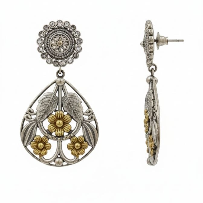 Vintage two-tone silver and gold floral teardrop earrings with leaf motifs and stud post back 1