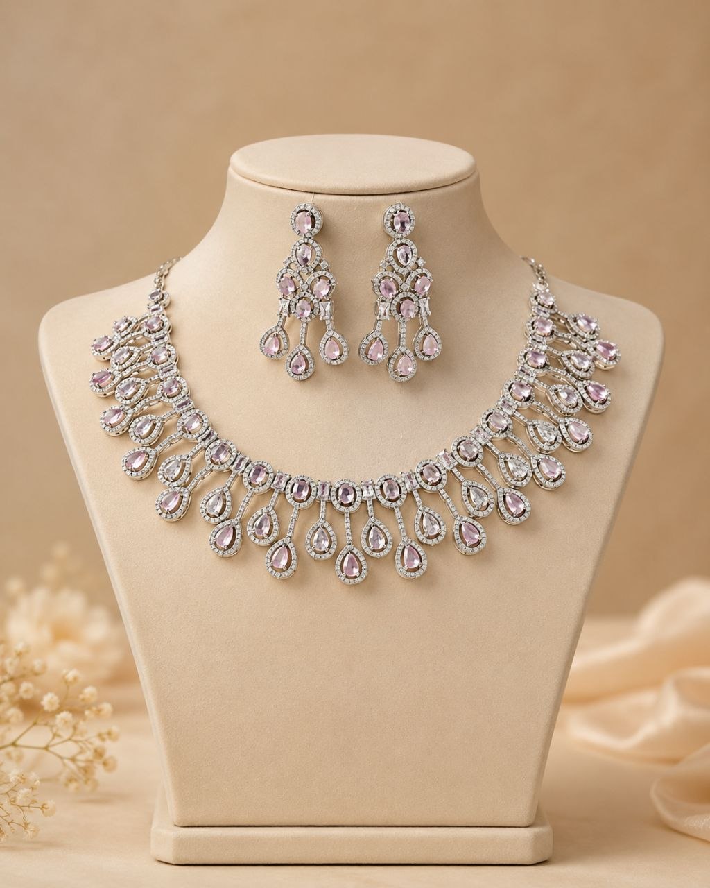 Elegant silver-plated necklace with pink teardrop cubic zirconia stones and matching chandelier earrings displayed on a beige jewelry bust against a soft beige background 1