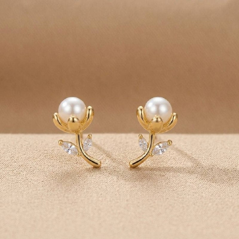 Revaaj Golden Petal Pearl & Zirconia Stud Earrings