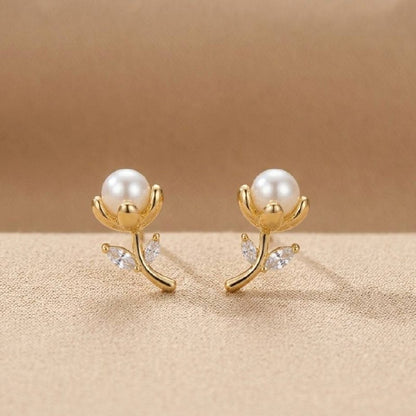 Revaaj Golden Petal Pearl & Zirconia Stud Earrings