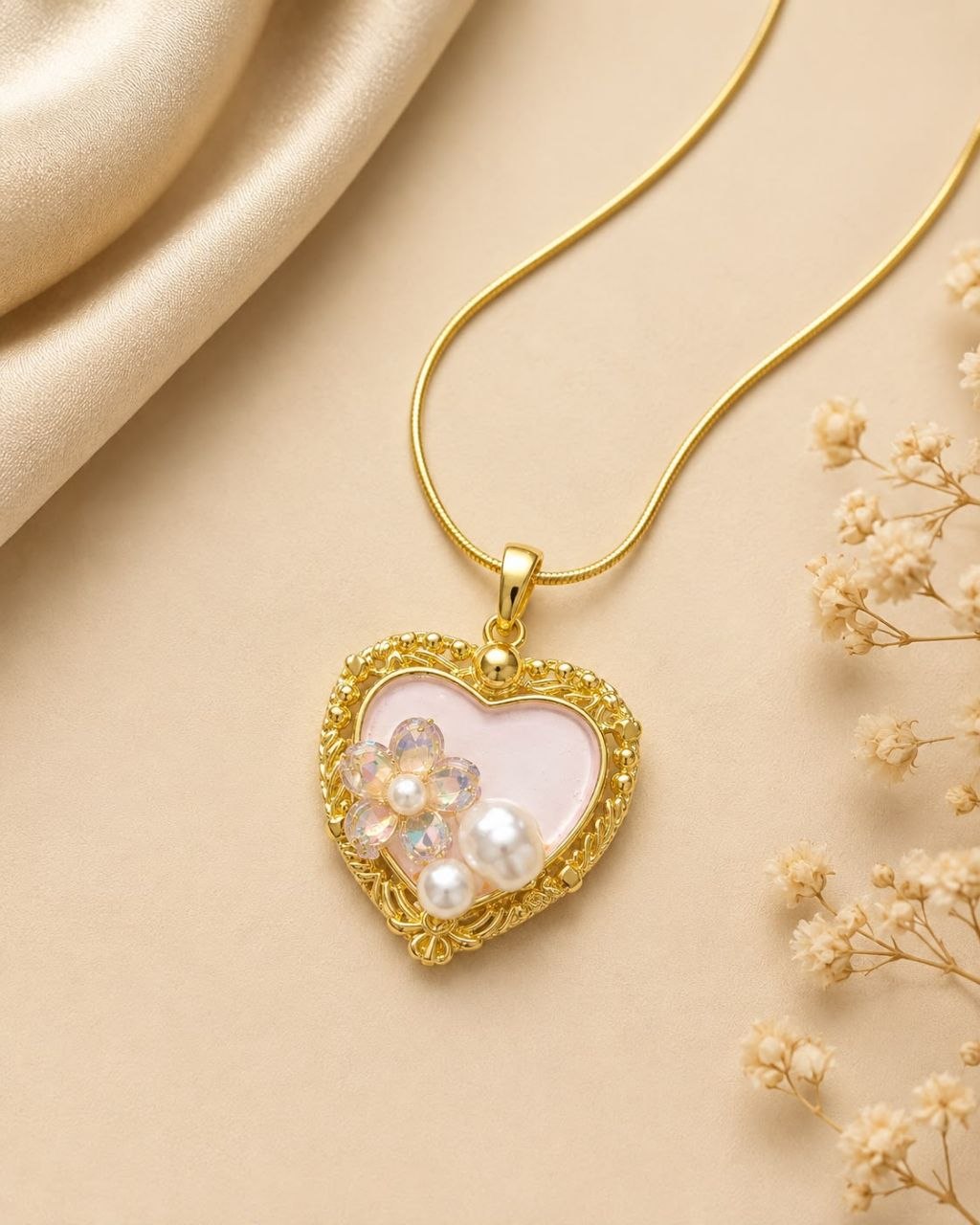 Gold heart-shaped pendant necklace with pink center, iridescent floral crystals, white pearls, and delicate chain on white background 3