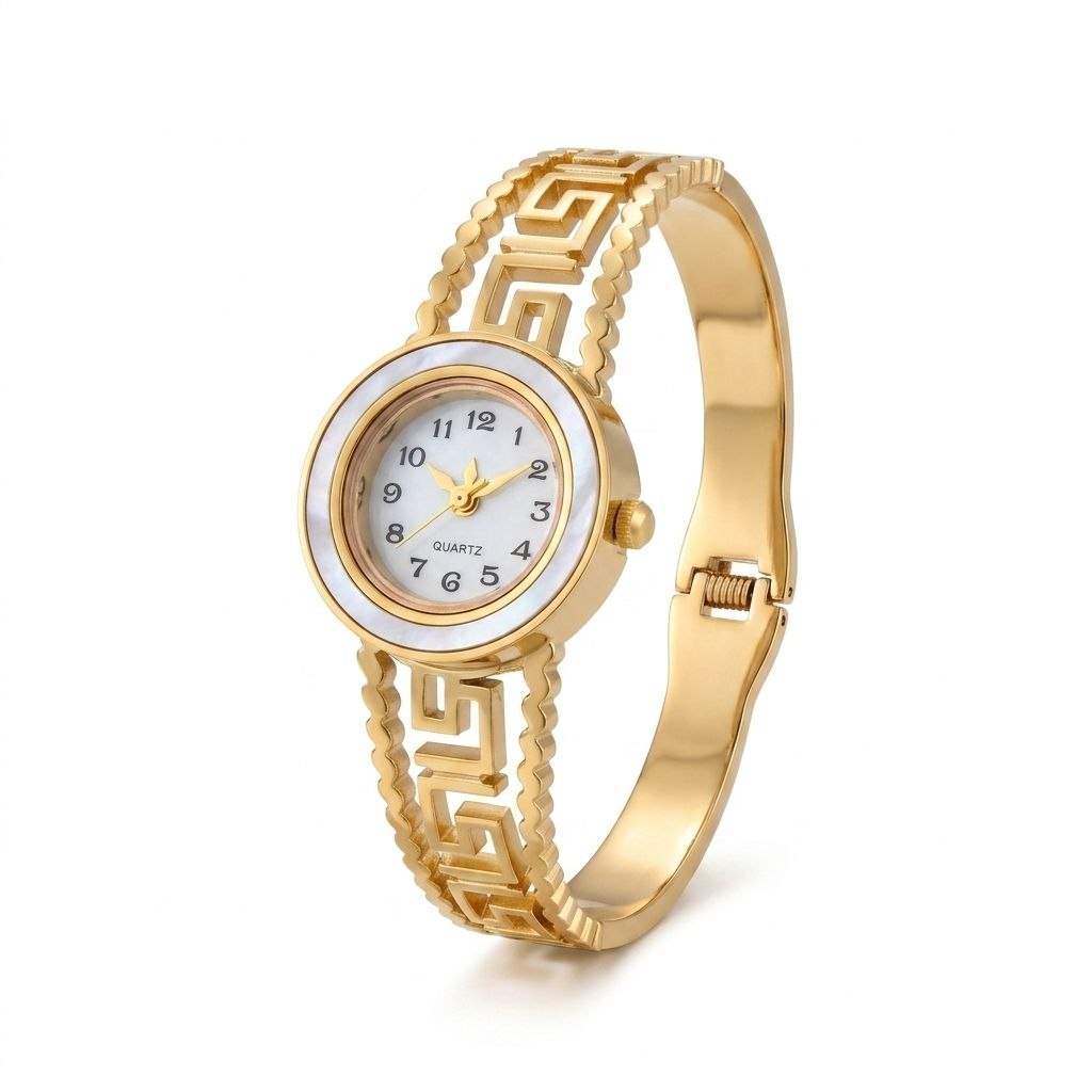 Gold women's bangle watch with intricate Greek key pattern on the band and luxurious mother-of-pearl dial featuring gold hands and markers 1