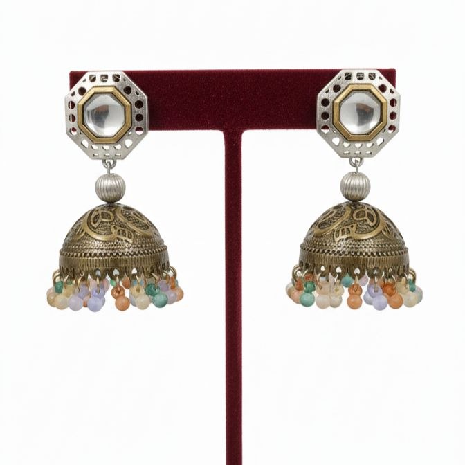 Pair of silver and gold toned octagonal mirror jhumka earrings with engraved bell drops and dangling multicolored beads 3