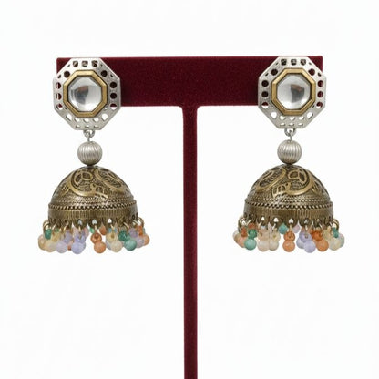 Pair of silver and gold toned octagonal mirror jhumka earrings with engraved bell drops and dangling multicolored beads 3