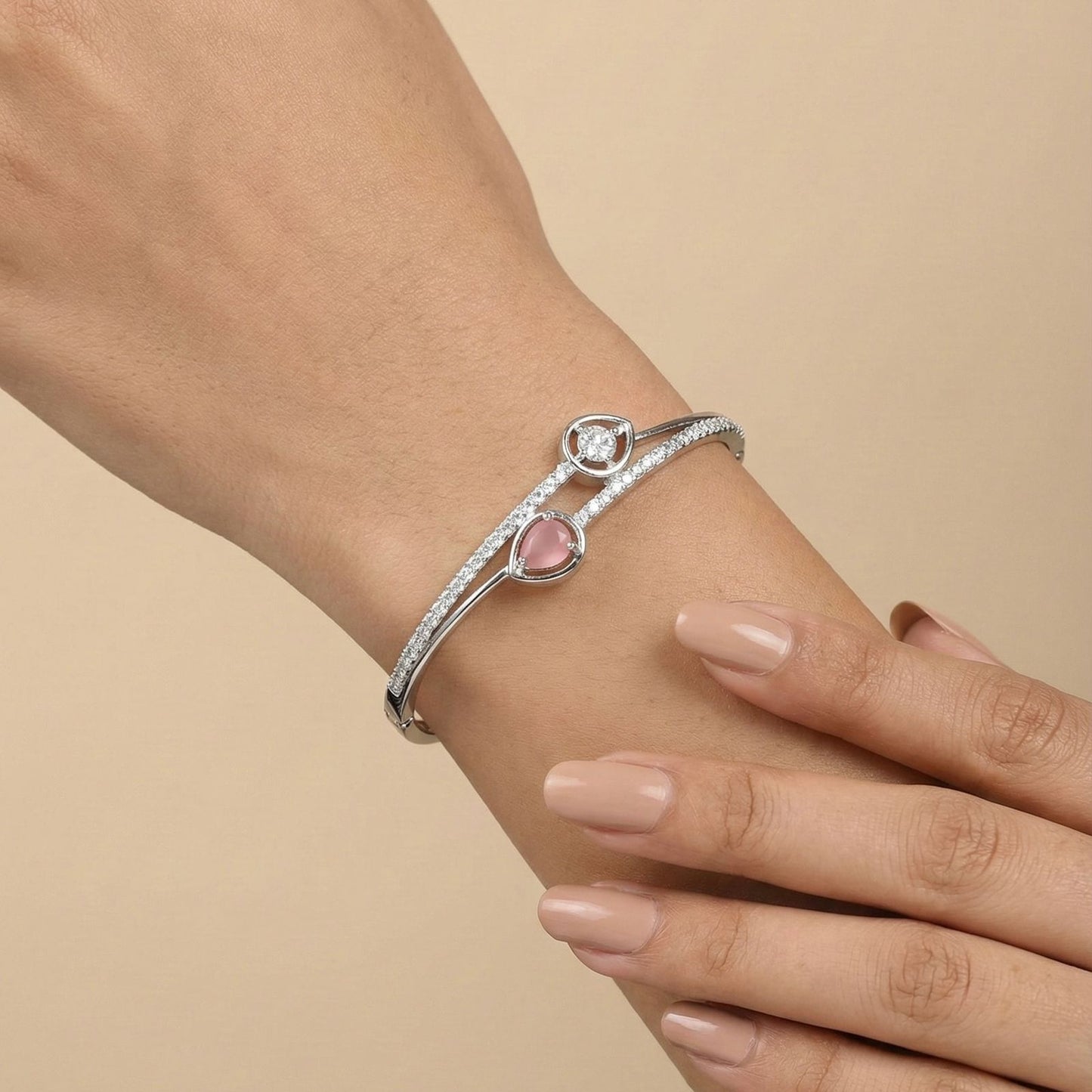 Elegant Pink Quartz & CZ Diamond Open Bangle Bracelet