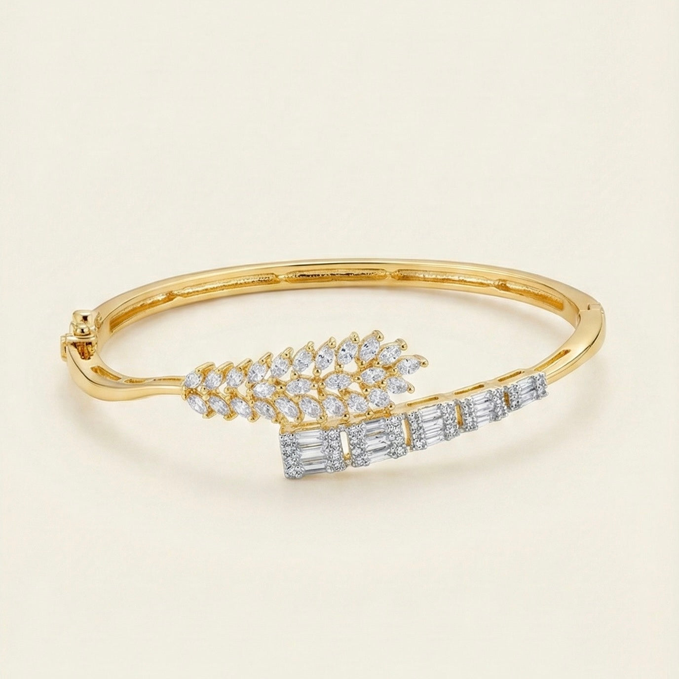 Gold-Tone Open Cuff Bracelet with American Diamonds (Leaf Design)